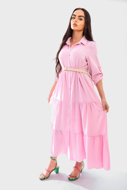 Belted Button Down Tiered Maxi Dress - She Wears Glory Beverly Hills