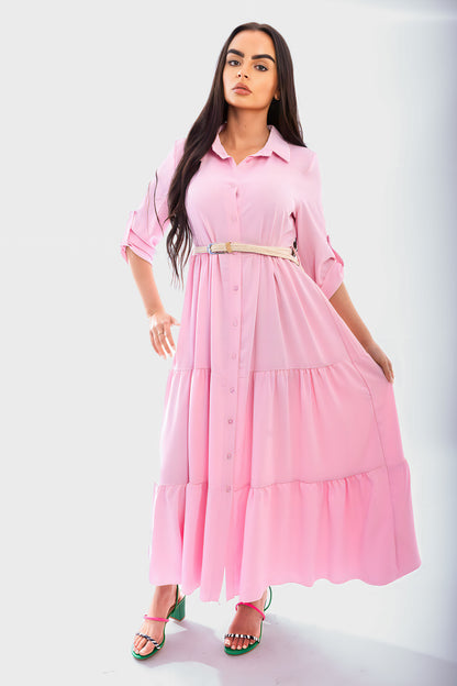 Belted Button Down Tiered Maxi Dress - She Wears Glory Beverly Hills