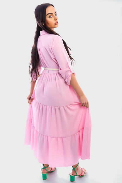 Belted Button Down Tiered Maxi Dress - She Wears Glory Beverly Hills