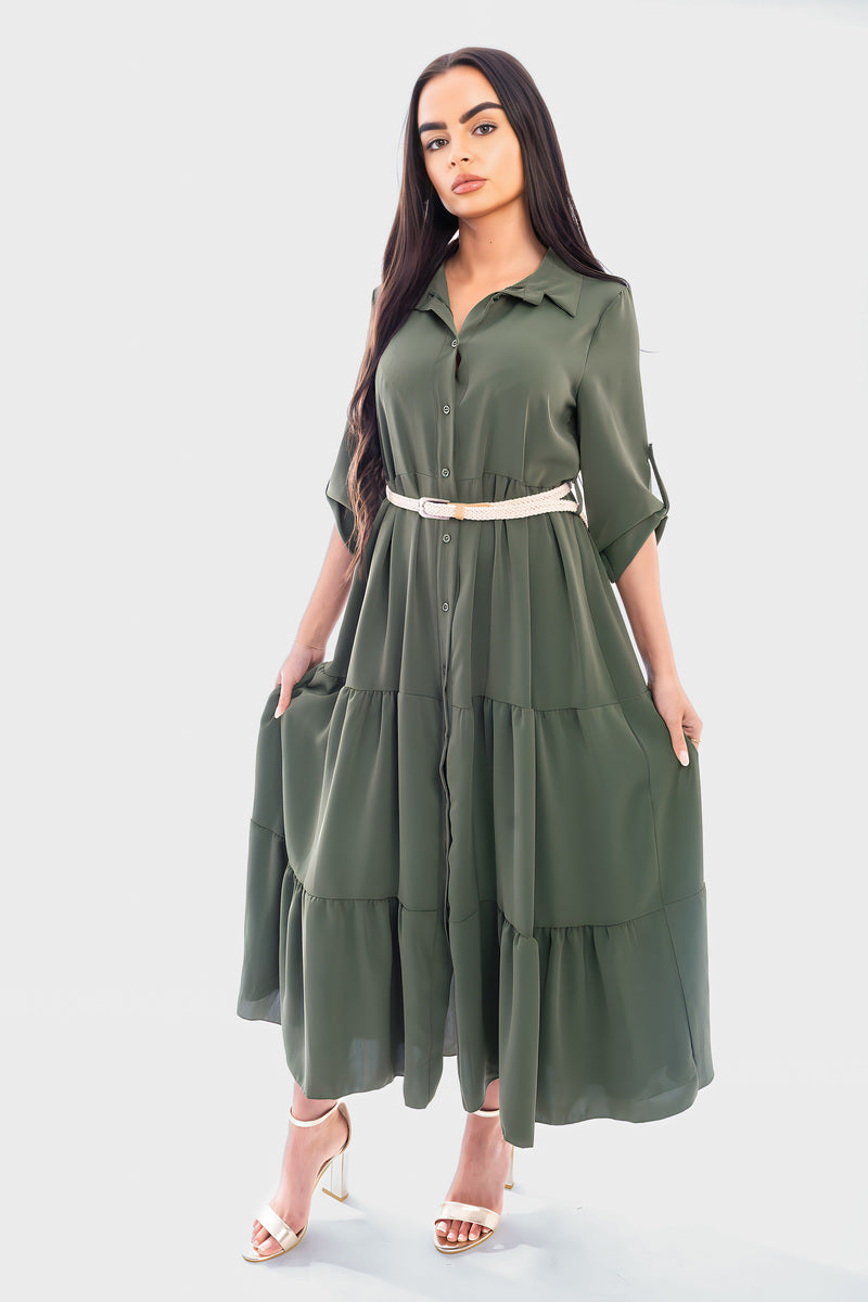 Belted Button Down Tiered Maxi Dress - She Wears Glory Beverly Hills