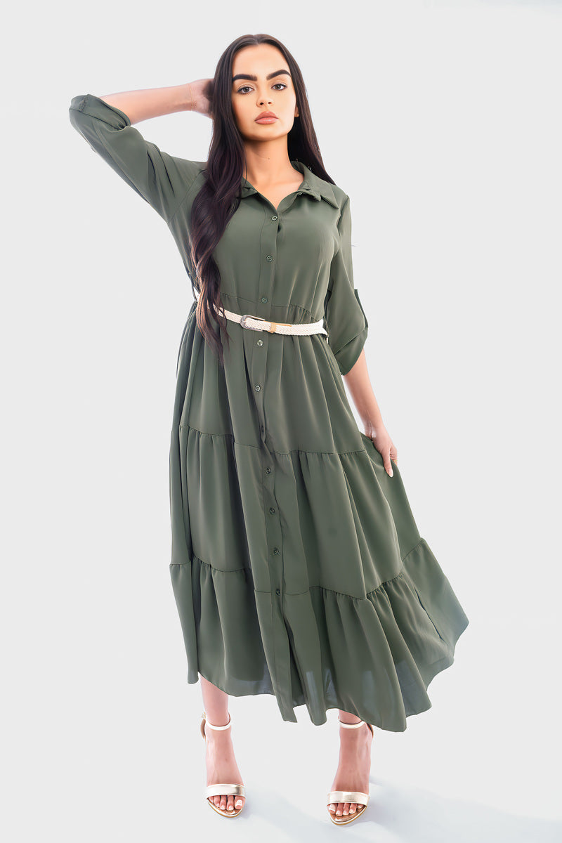 Belted Button Down Tiered Maxi Dress - She Wears Glory Beverly Hills