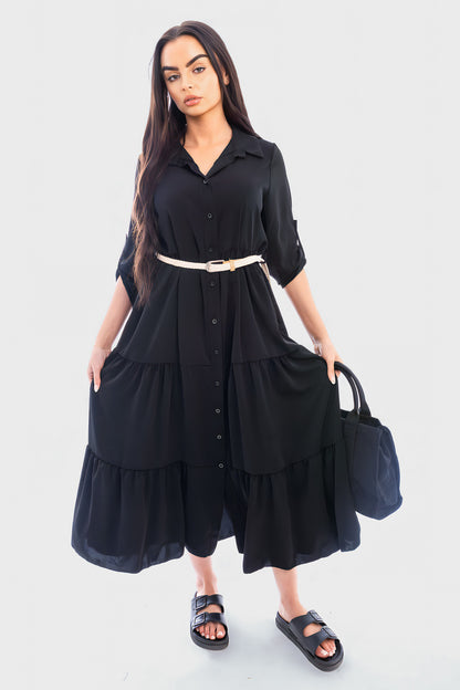 Belted Button Down Tiered Maxi Dress - She Wears Glory Beverly Hills