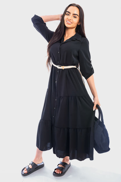 Belted Button Down Tiered Maxi Dress - She Wears Glory Beverly Hills