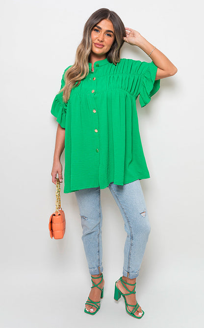 She Wears Glory™ Button Down Pleated Frill Tops