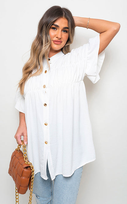 She Wears Glory™ Button Down Pleated Frill Tops