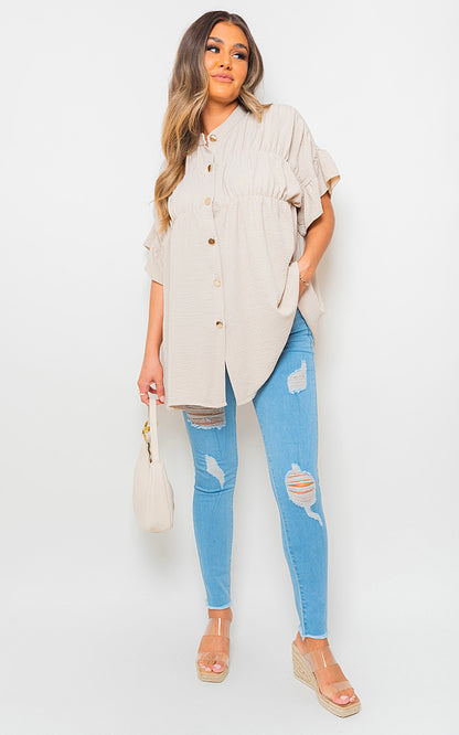 She Wears Glory™ Button Down Pleated Frill Tops