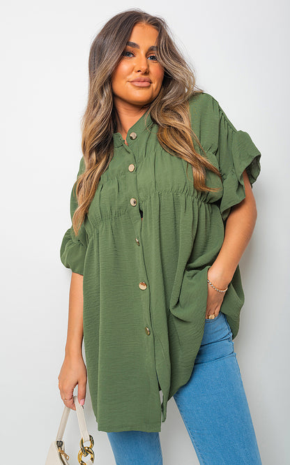 She Wears Glory™ Button Down Pleated Frill Tops