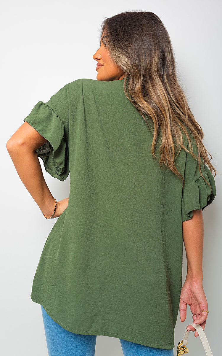 She Wears Glory™ Button Down Pleated Frill Tops