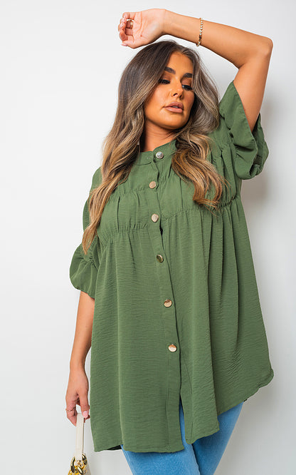 She Wears Glory™ Button Down Pleated Frill Tops