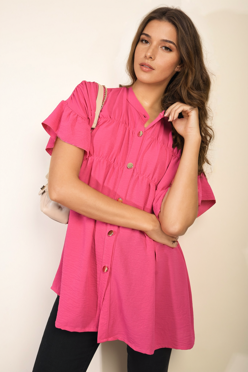 She Wears Glory™ Button Down Pleated Frill Tops