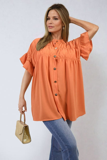 She Wears Glory™ Button Down Pleated Frill Tops
