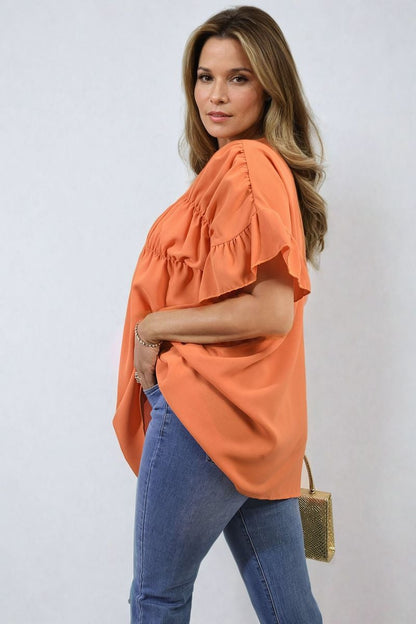 She Wears Glory™ Button Down Pleated Frill Tops