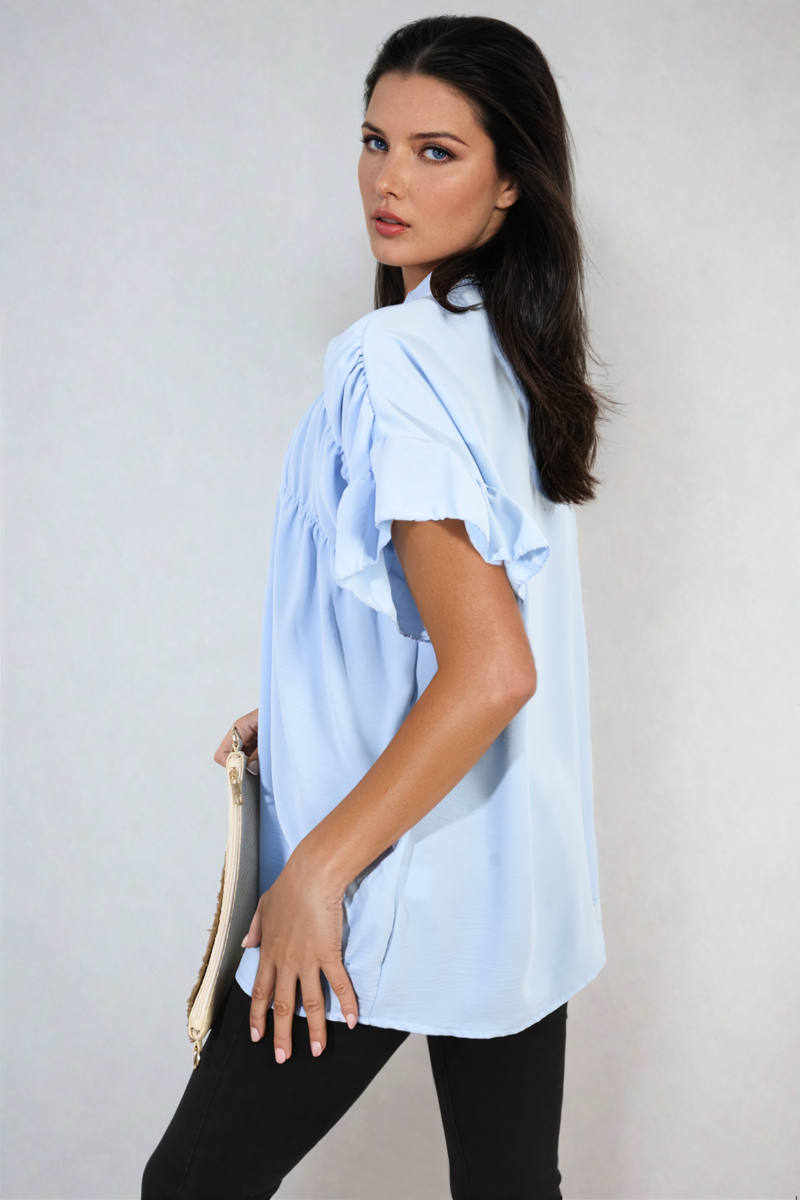 She Wears Glory™ Button Down Pleated Frill Tops