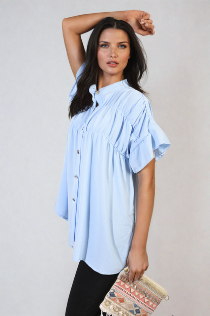 She Wears Glory™ Button Down Pleated Frill Tops
