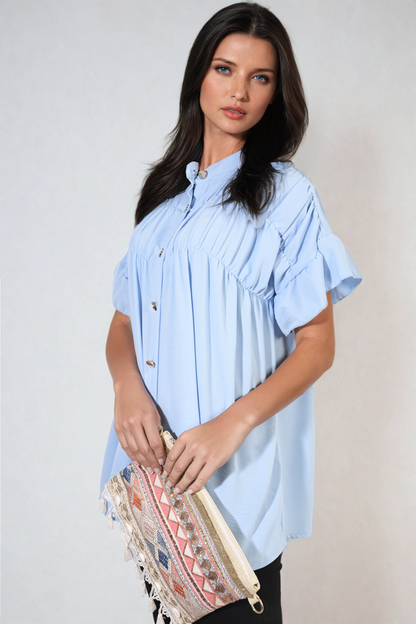 She Wears Glory™ Button Down Pleated Frill Tops