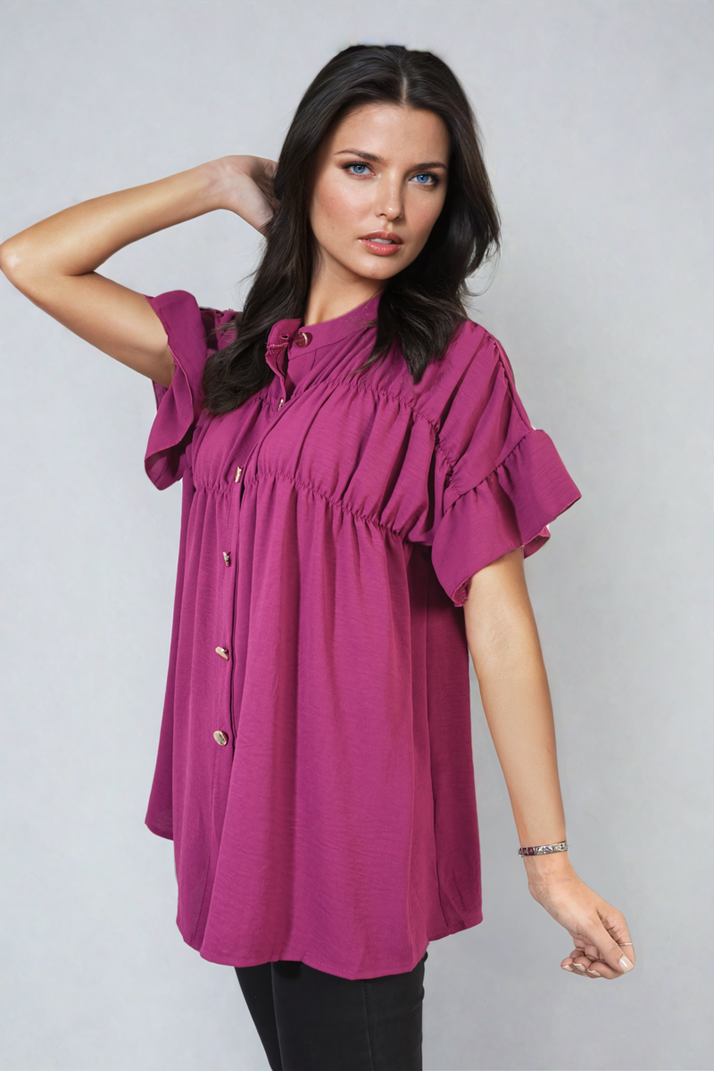 She Wears Glory™ Button Down Pleated Frill Tops