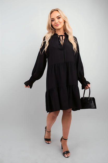 Long Sleeve Front Tie Tiered Mini Dress - She Wears Glory Beverly Hills