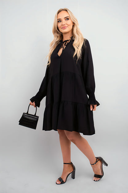 Long Sleeve Front Tie Tiered Mini Dress - She Wears Glory Beverly Hills
