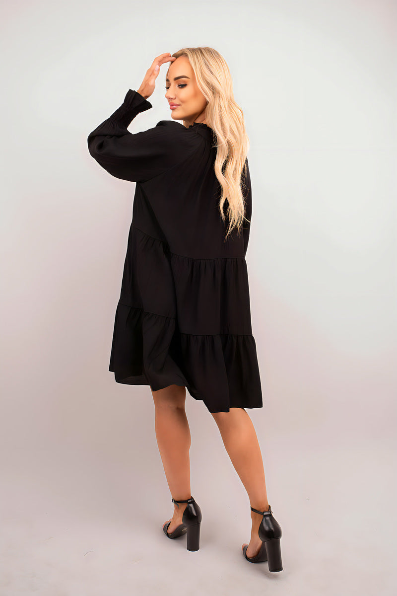 Long Sleeve Front Tie Tiered Mini Dress - She Wears Glory Beverly Hills