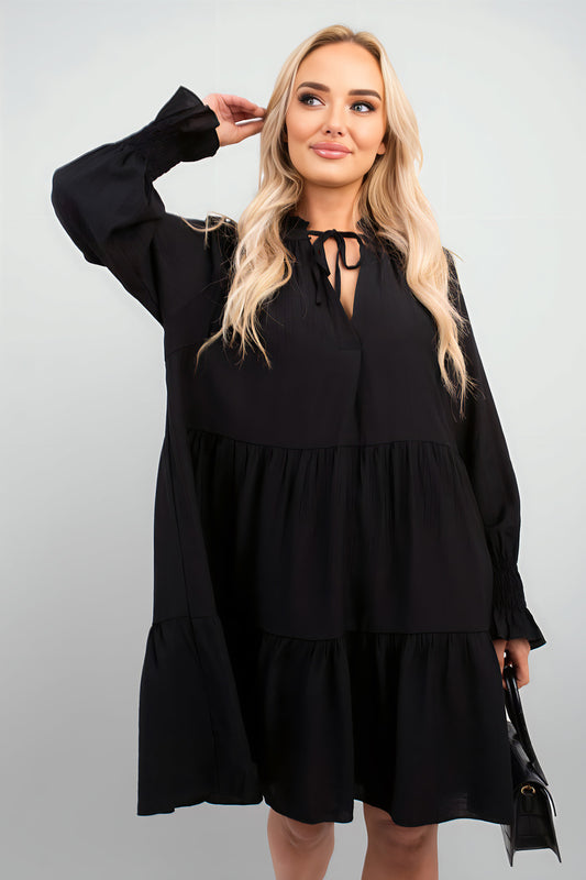 Long Sleeve Front Tie Tiered Mini Dress - She Wears Glory Beverly Hills