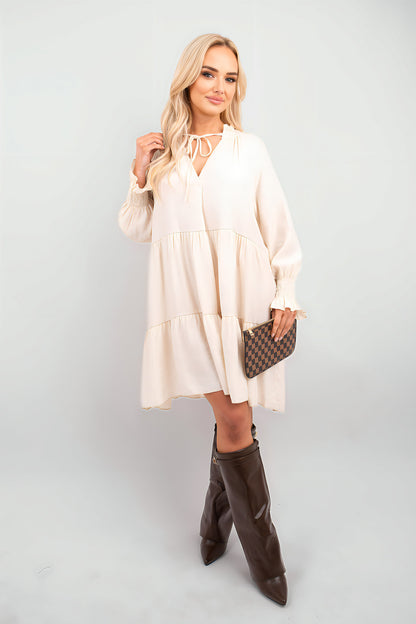 Long Sleeve Front Tie Tiered Mini Dress - She Wears Glory Beverly Hills