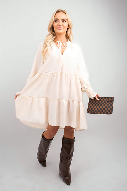 Long Sleeve Front Tie Tiered Mini Dress - She Wears Glory Beverly Hills