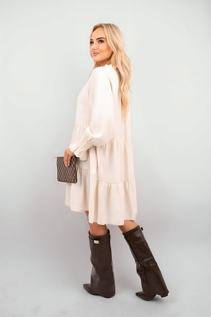 Long Sleeve Front Tie Tiered Mini Dress - She Wears Glory Beverly Hills