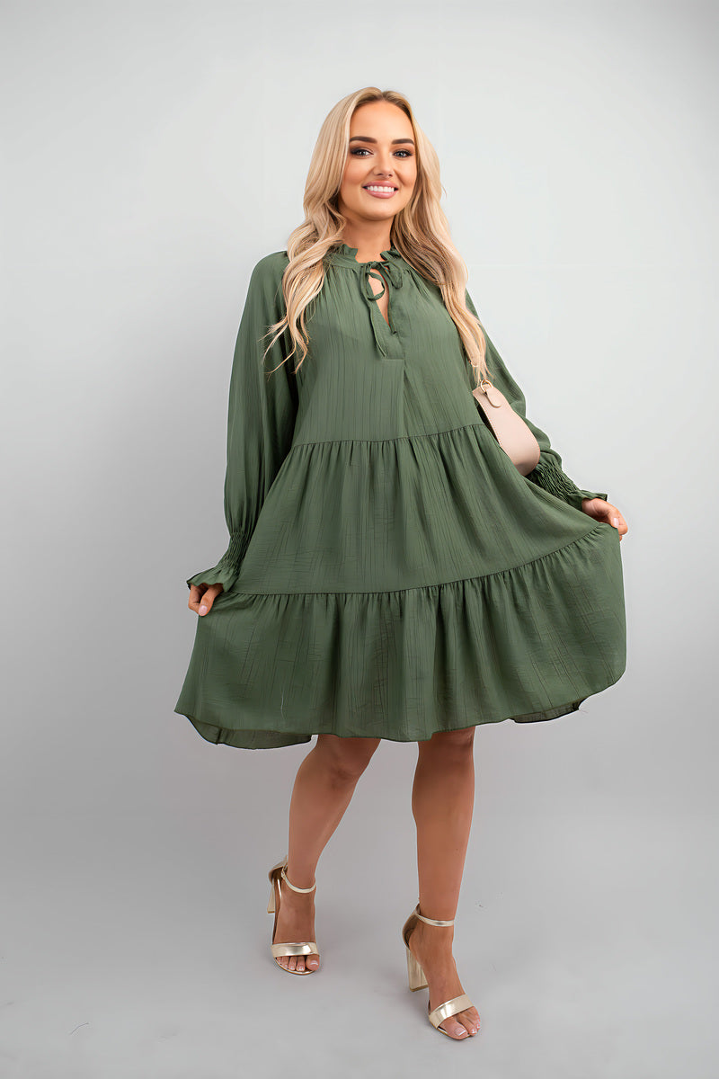 Long Sleeve Front Tie Tiered Mini Dress - She Wears Glory Beverly Hills