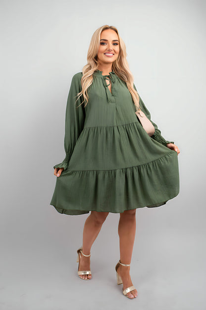 Long Sleeve Front Tie Tiered Mini Dress - She Wears Glory Beverly Hills