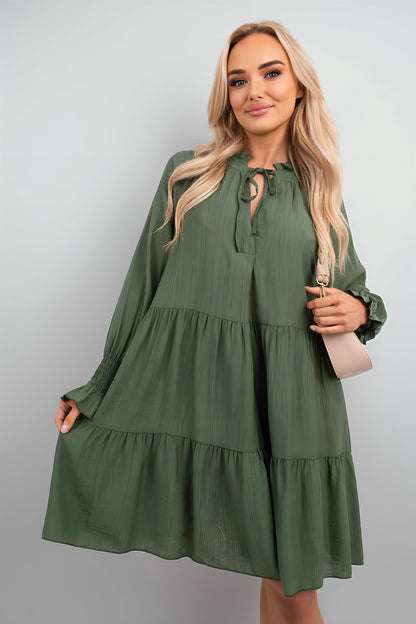 Long Sleeve Front Tie Tiered Mini Dress - She Wears Glory Beverly Hills