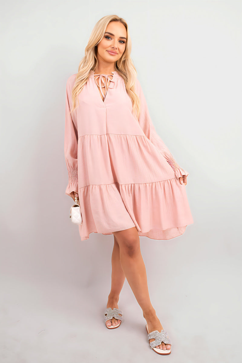 Long Sleeve Front Tie Tiered Mini Dress - She Wears Glory Beverly Hills