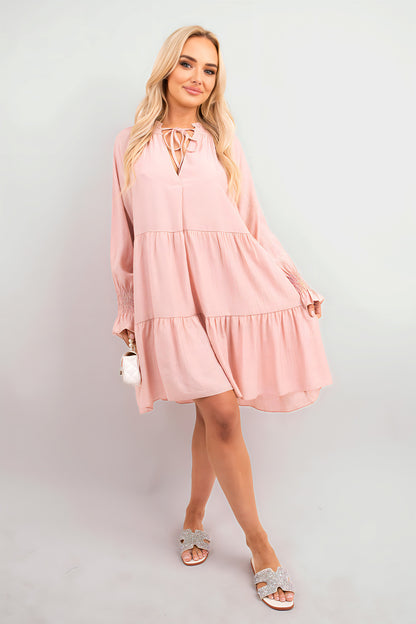 Long Sleeve Front Tie Tiered Mini Dress - She Wears Glory Beverly Hills