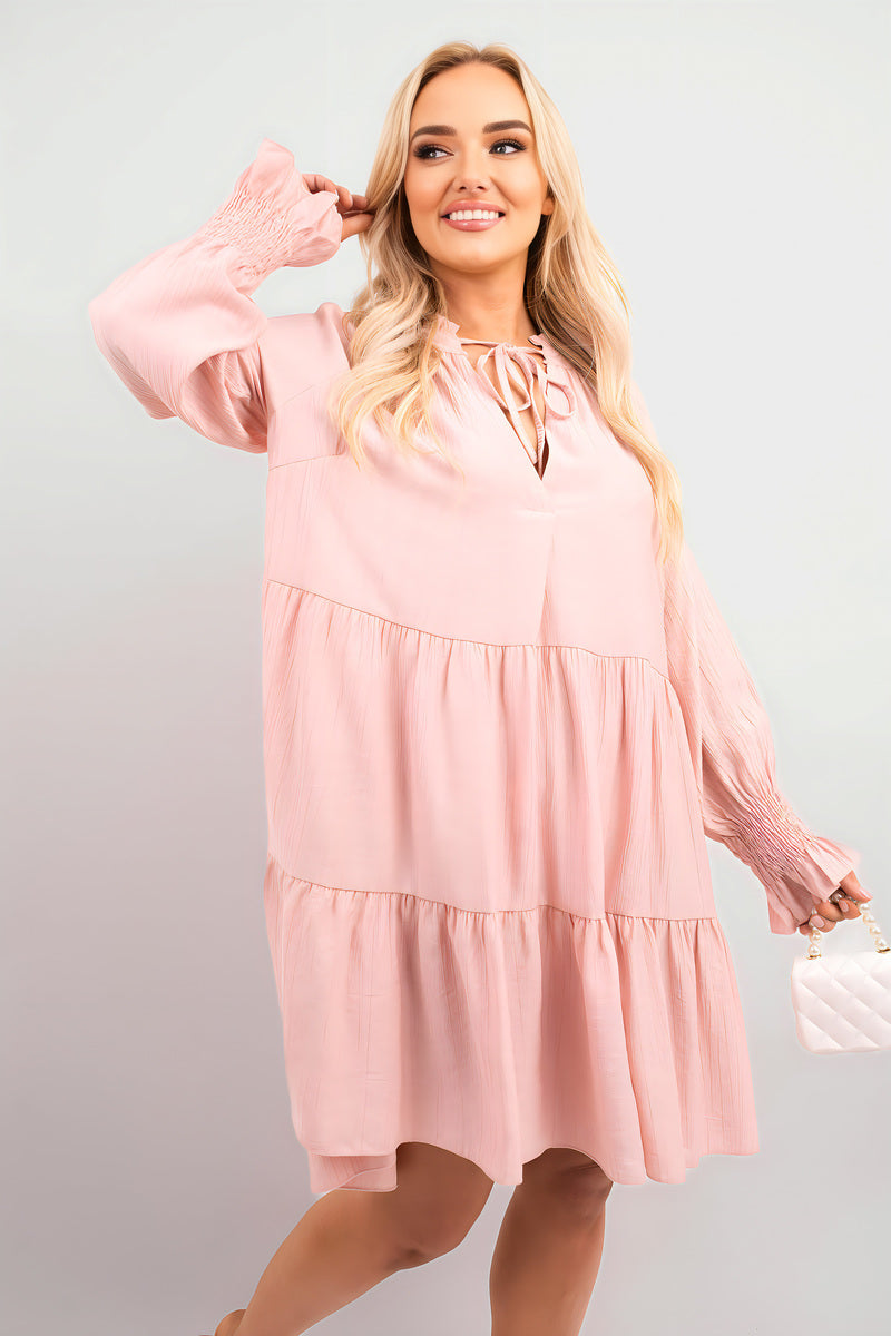 Long Sleeve Front Tie Tiered Mini Dress - She Wears Glory Beverly Hills