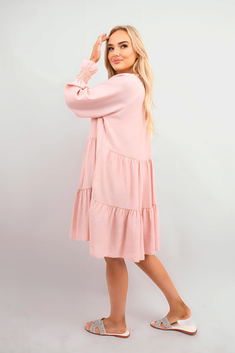 Long Sleeve Front Tie Tiered Mini Dress - She Wears Glory Beverly Hills