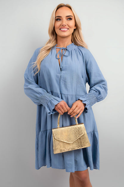 Long Sleeve Front Tie Tiered Mini Dress - She Wears Glory Beverly Hills