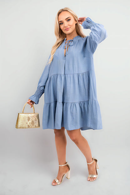 Long Sleeve Front Tie Tiered Mini Dress - She Wears Glory Beverly Hills