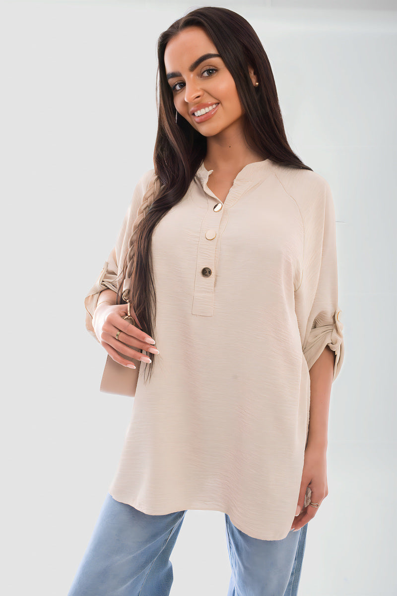 Loose Fit Button Detail Front Folded Long Sleeve Top - She Wears Glory Beverly Hills