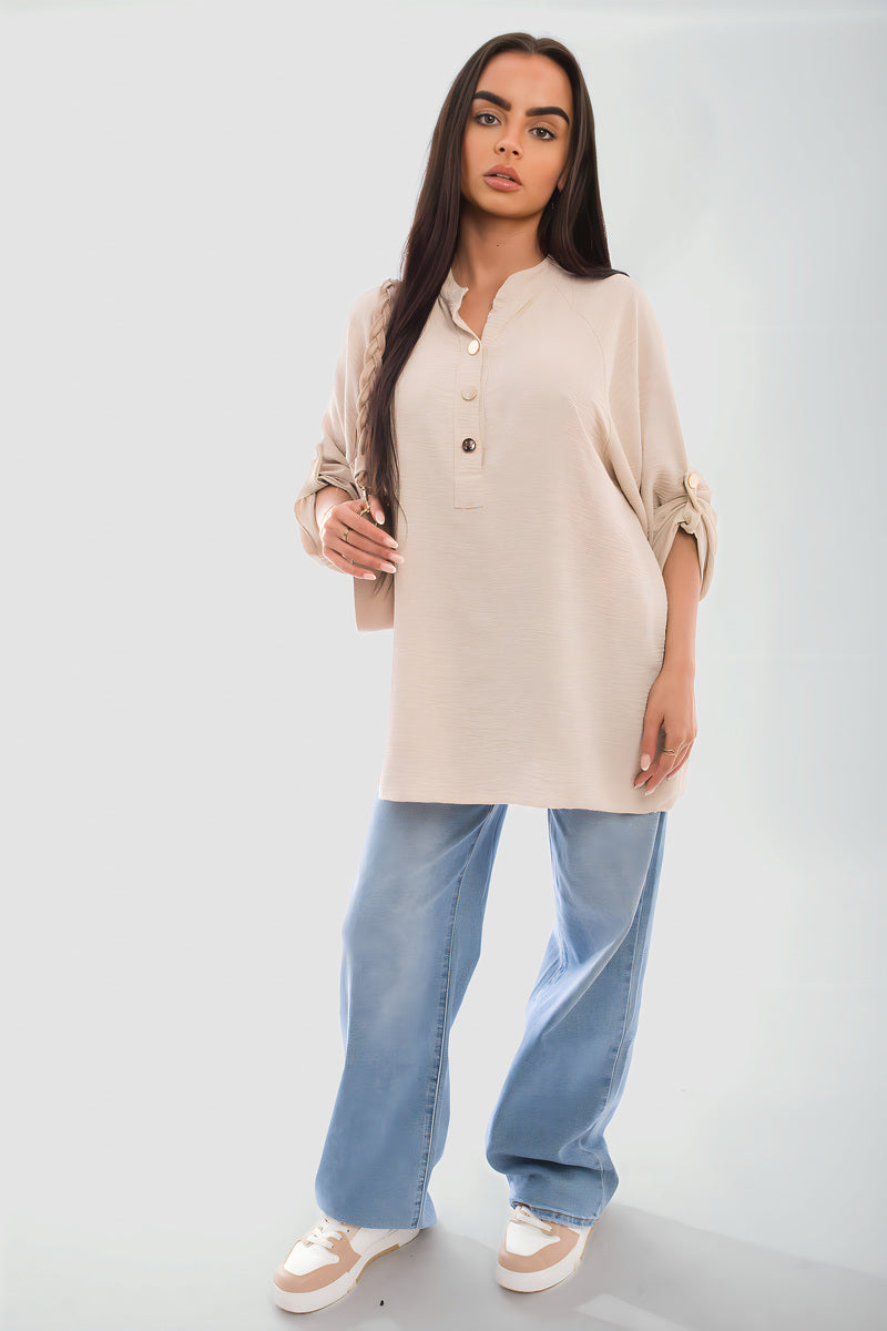 Loose Fit Button Detail Front Folded Long Sleeve Top - She Wears Glory Beverly Hills