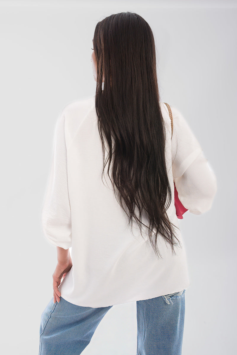 Loose Fit Button Detail Front Folded Long Sleeve Top - She Wears Glory Beverly Hills