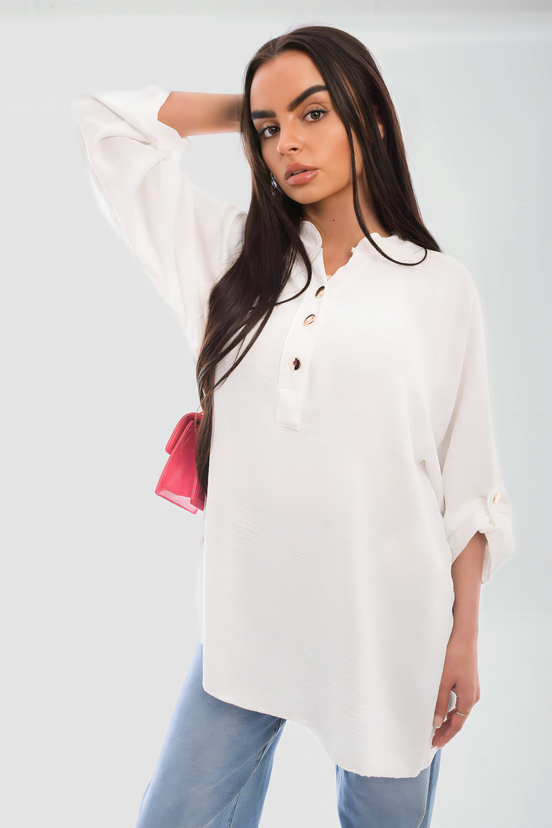 Loose Fit Button Detail Front Folded Long Sleeve Top - She Wears Glory Beverly Hills