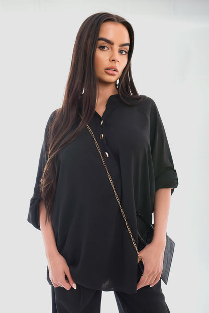 Loose Fit Button Detail Front Folded Long Sleeve Top - She Wears Glory Beverly Hills