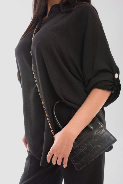 Loose Fit Button Detail Front Folded Long Sleeve Top - She Wears Glory Beverly Hills