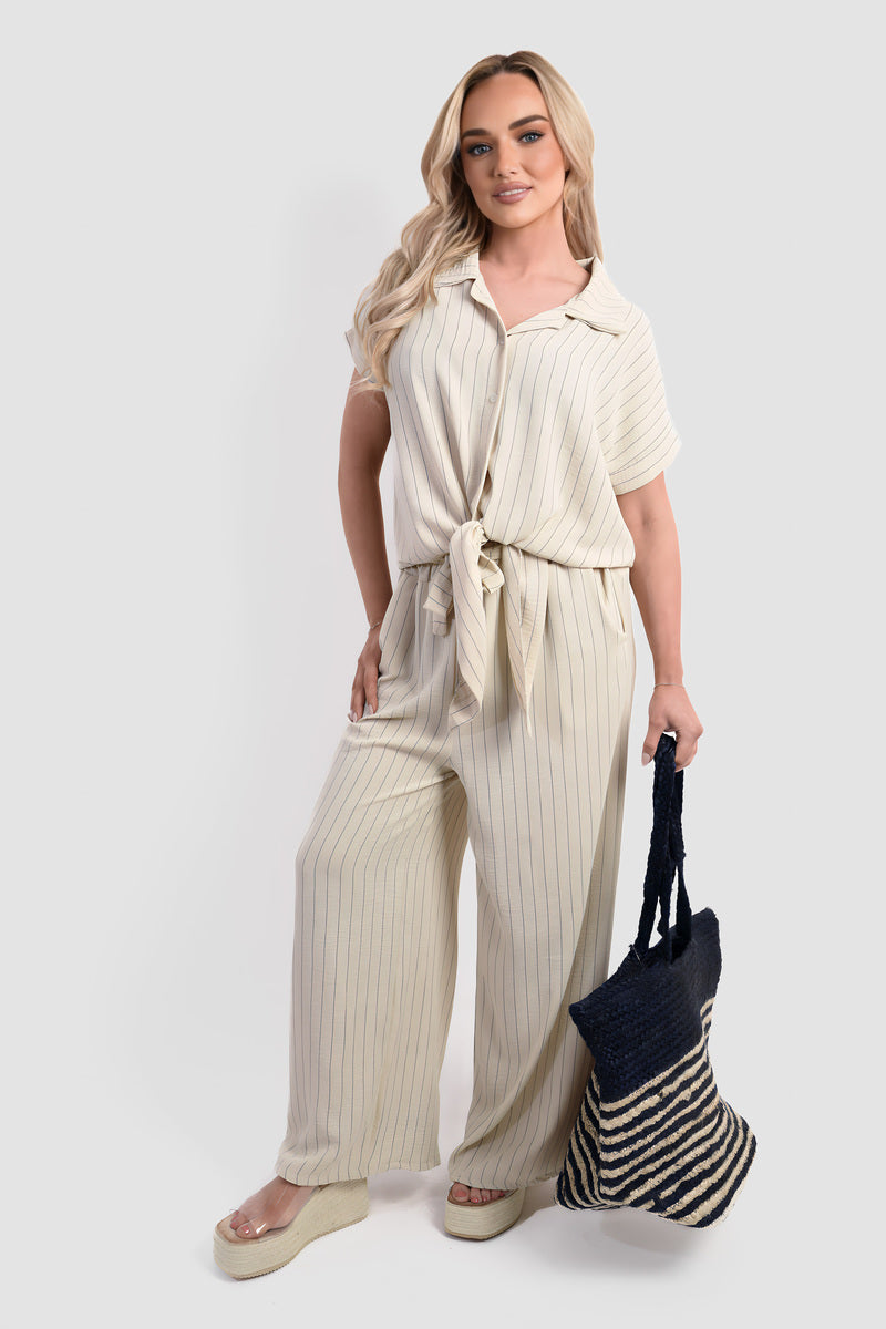 Striped Button Down Tie Front Top and Trouser Co-ord Set - She Wears Glory Beverly Hills