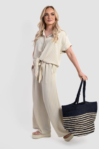 Striped Button Down Tie Front Top and Trouser Co-ord Set - She Wears Glory Beverly Hills