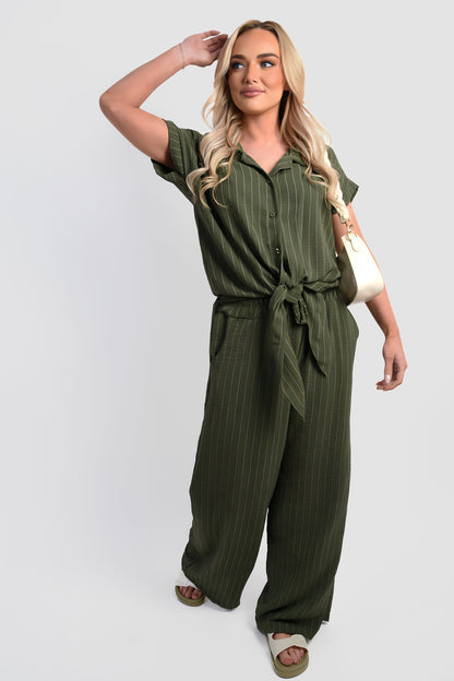 Striped Button Down Tie Front Top and Trouser Co-ord Set - She Wears Glory Beverly Hills