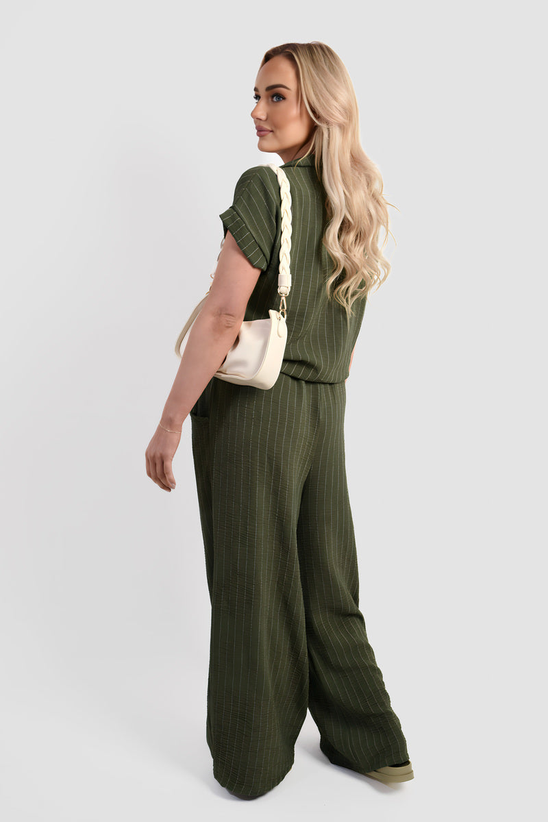 Striped Button Down Tie Front Top and Trouser Co-ord Set - She Wears Glory Beverly Hills