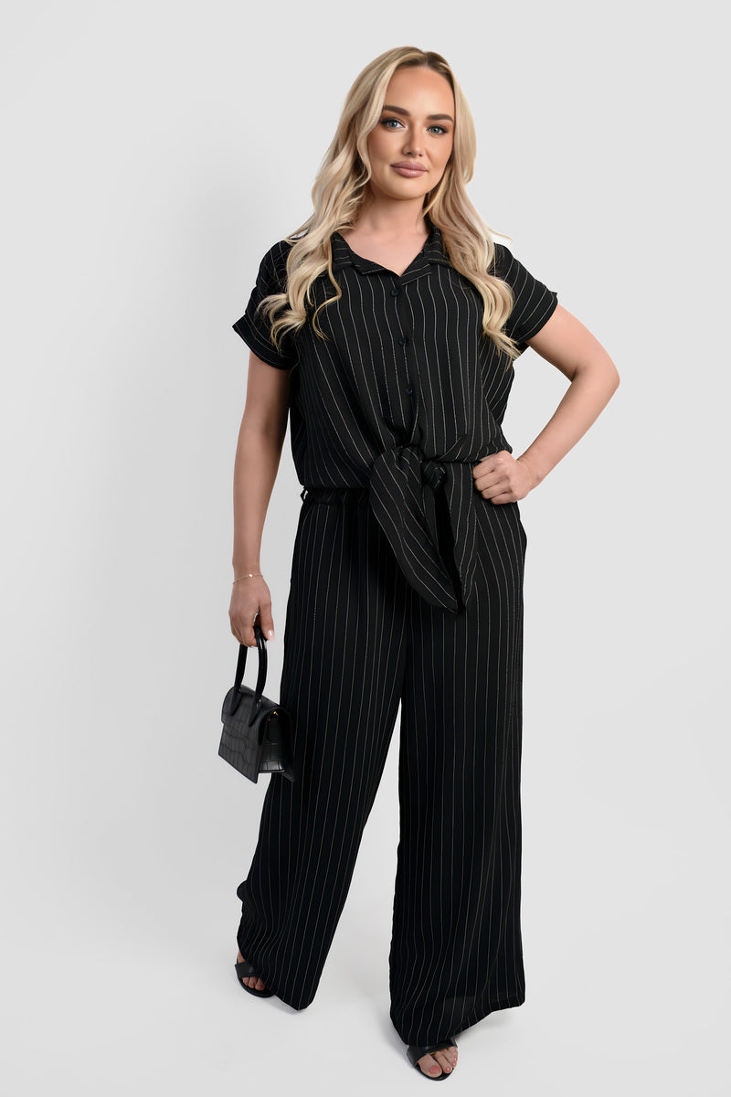 Striped Button Down Tie Front Top and Trouser Co-ord Set - She Wears Glory Beverly Hills