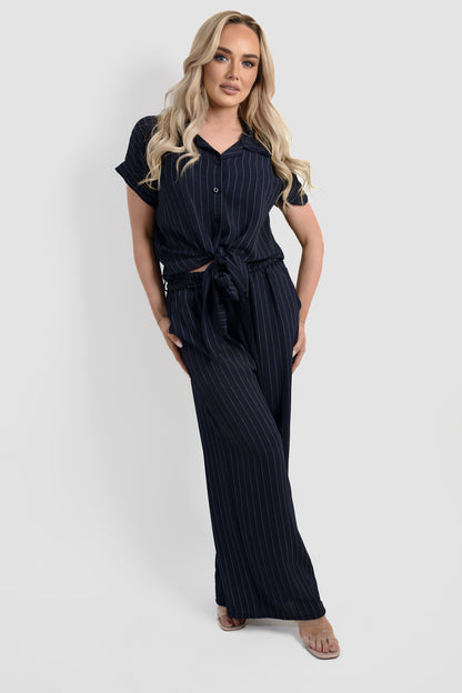 Striped Button Down Tie Front Top and Trouser Co-ord Set - She Wears Glory Beverly Hills