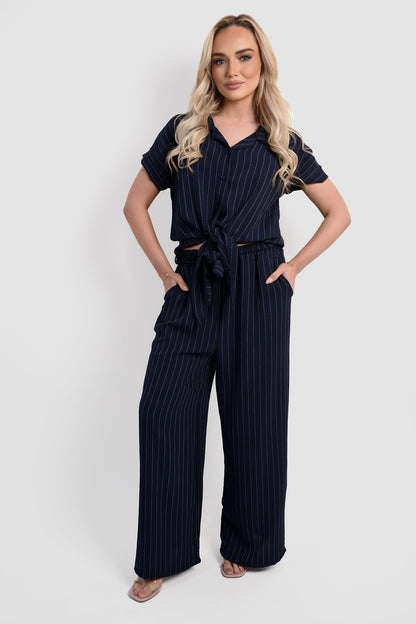 Striped Button Down Tie Front Top and Trouser Co-ord Set - She Wears Glory Beverly Hills