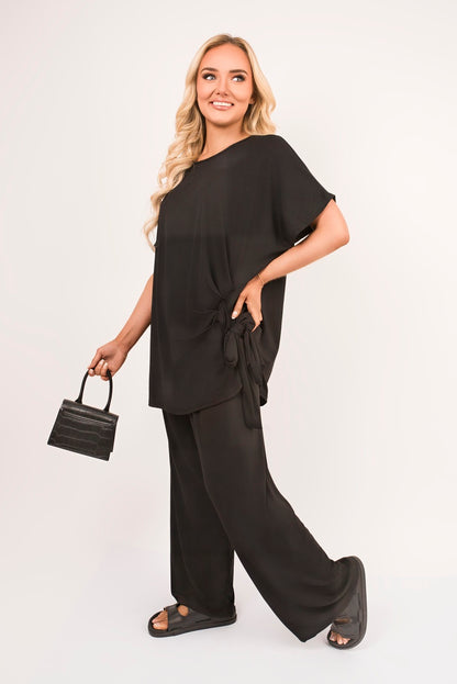 Short Sleeve Side Tie Top and Wide Leg Trousers Co-Ord Set